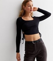 New Look Black Scoop Neck Cut Out Side Tie Cropped T Shirt